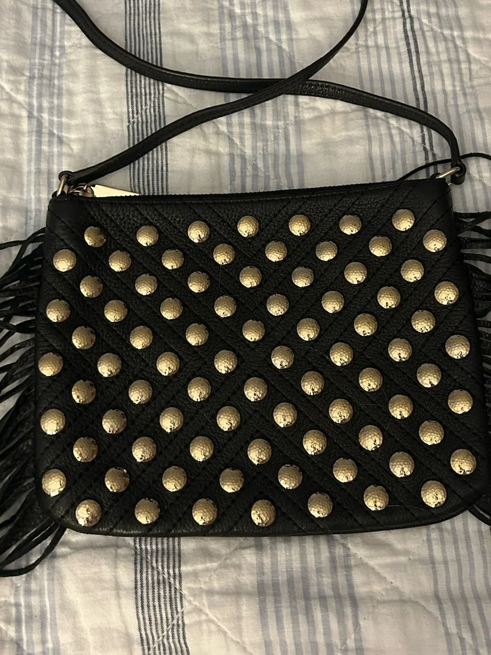 Rebecca Minkoff Black Crossbody with Gold Studs and Fringe